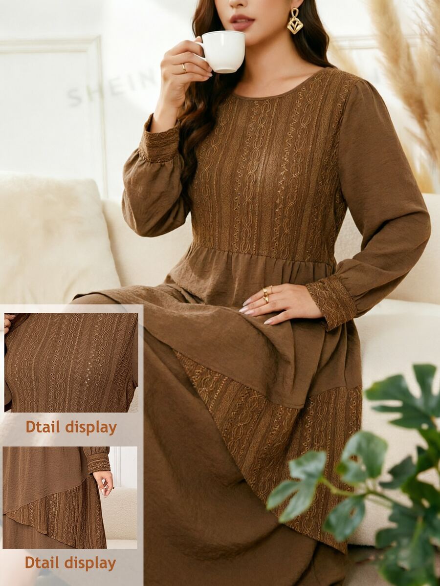 Lacomfia Gaun Panjang Wanita Ukuran Besar Model A-Line Longgar Kasual Leher Bulat Lengan Panjang Rajut & Tenun Patchwork Musim Gugur