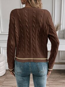 SHEIN PariChic Women's Casual Contrast Trim Button Front Cardigan, Autumn/Winter Fall Cloth For Women - Coffee Brown - View 2