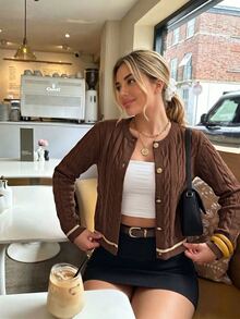 SHEIN PariChic Women's Casual Contrast Trim Button Front Cardigan, Autumn/Winter Fall Cloth For Women - Coffee Brown - View 4