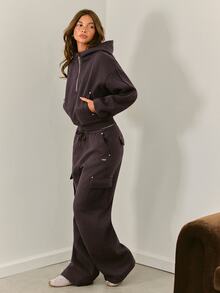 GLOWMODE Cozy Street Collection 日常抓絨 Cozy Days 寬腿工裝運動褲，鉚釘口袋設計，日常休閒秋冬穿著 - 棕色 - 查看 7