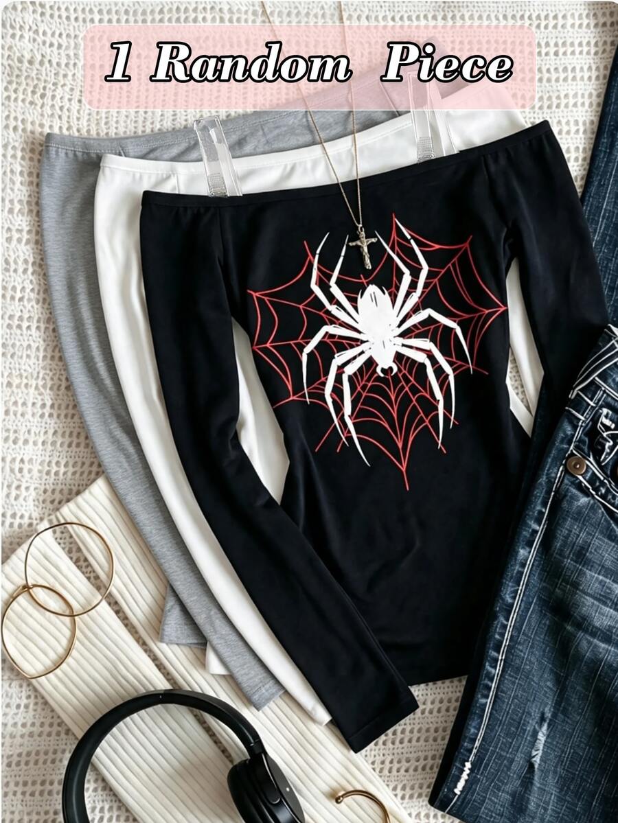 SHEIN Sparklyn 青少年女孩 T-shirt,酒紅黑色,純色,秋季,長袖,街頭風 Y2K,領口,修身,萬聖節,Sixth Form 正式場合 - 黑色 - 查看 1