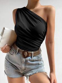 SHEIN One Shoulder Ruched Side Crop Top,Ladies Casual Ruched Asymmetrical Neck Slim Fit Black Plain Women Tops,Spring/Summer, - Black - View 4