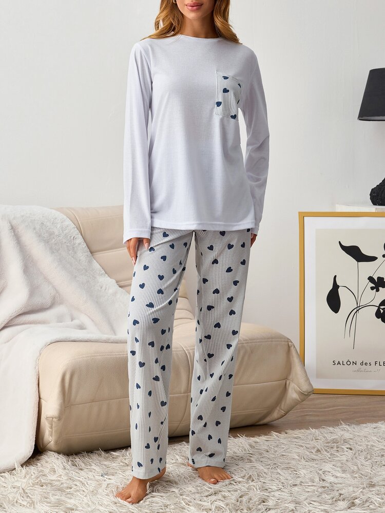 SHEIN Cottnline Cotton Women 2pcs Heart Pattern Pocket Detail Long Sleeve Tee+ Long Pants Casual Comfort Pajama Set - Multicolor - View 4