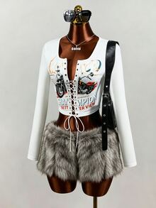 Mistrie Autumn Fashion Motorcycle Print Criss-Cross Tie Cropped T-Shirt - White - View 2