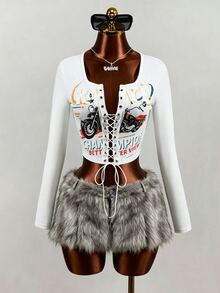 Mistrie Autumn Fashion Motorcycle Print Criss-Cross Tie Cropped T-Shirt - White - View 4