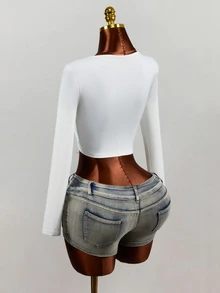 Mistrie Autumn Fashion Motorcycle Print Criss-Cross Tie Cropped T-Shirt - White - View 11