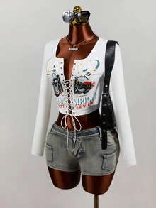 Mistrie Autumn Fashion Motorcycle Print Criss-Cross Tie Cropped T-Shirt - White - View 5