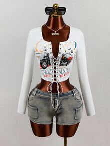 Mistrie Autumn Fashion Motorcycle Print Criss-Cross Tie Cropped T-Shirt - White - View 6