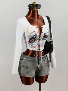 Mistrie Autumn Fashion Motorcycle Print Criss-Cross Tie Cropped T-Shirt - White - View 8
