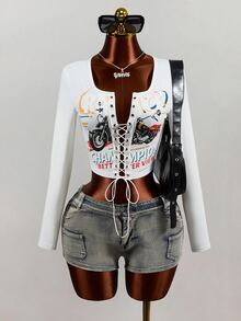 Mistrie Autumn Fashion Motorcycle Print Criss-Cross Tie Cropped T-Shirt - White - View 7