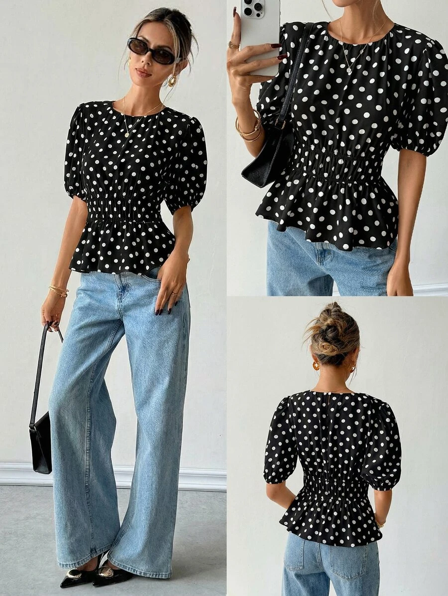 Ritzy Row Women's Polka Dot Print Puff Sleeve Shirt, Comfortable And Stylish For Commuting And Outdoor Wear, Spring/Summer - Black - View 1