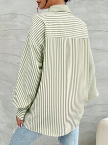 SHEIN Women Striped Print Button Front Casual Long Sleeve Shirt Fall Cloth For Women - Green - View 5