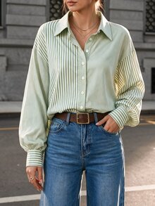 SHEIN Women Striped Print Button Front Casual Long Sleeve Shirt Fall Cloth For Women - Green - View 3