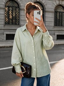 SHEIN Women Striped Print Button Front Casual Long Sleeve Shirt Fall Cloth For Women - Green - View 2
