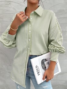 SHEIN Women Striped Print Button Front Casual Long Sleeve Shirt Fall Cloth For Women - Green - View 10