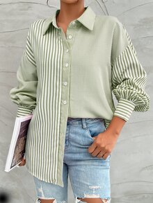 SHEIN Women Striped Print Button Front Casual Long Sleeve Shirt Fall Cloth For Women - Green - View 9