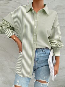 SHEIN Women Striped Print Button Front Casual Long Sleeve Shirt Fall Cloth For Women - Green - View 4