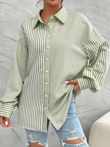 SHEIN Women Striped Print Button Front Casual Long Sleeve Shirt Fall Cloth For Women - Green - View 8