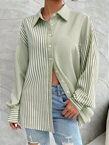 SHEIN Women Striped Print Button Front Casual Long Sleeve Shirt Fall Cloth For Women - Green - View 7