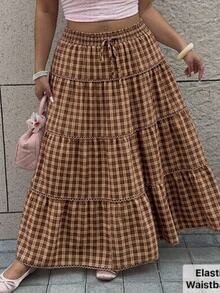 Comfortcana White Tiered Loose Plus Size Skirt - Brown - View 7