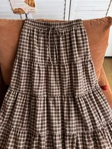 Comfortcana White Tiered Loose Plus Size Skirt - Brown - View 4