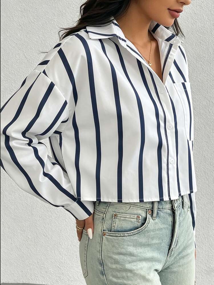 SHEIN Women's Vertical Stripe Pattern Fashion Casual Long Sleeve Shirt - Blue and White - View 9