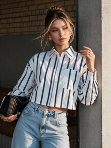 SHEIN 女款直條紋圖案時尚休閒長袖襯衫 - 藍白色 - 查看 3