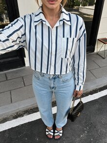 SHEIN 女款直條紋圖案時尚休閒長袖襯衫 - 藍白色 - 查看 2