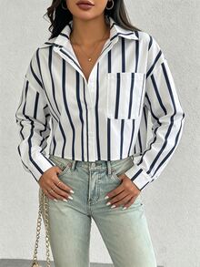 SHEIN 女款直條紋圖案時尚休閒長袖襯衫 - 藍白色 - 查看 7
