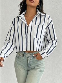 SHEIN 女款直條紋圖案時尚休閒長袖襯衫 - 藍白色 - 查看 8