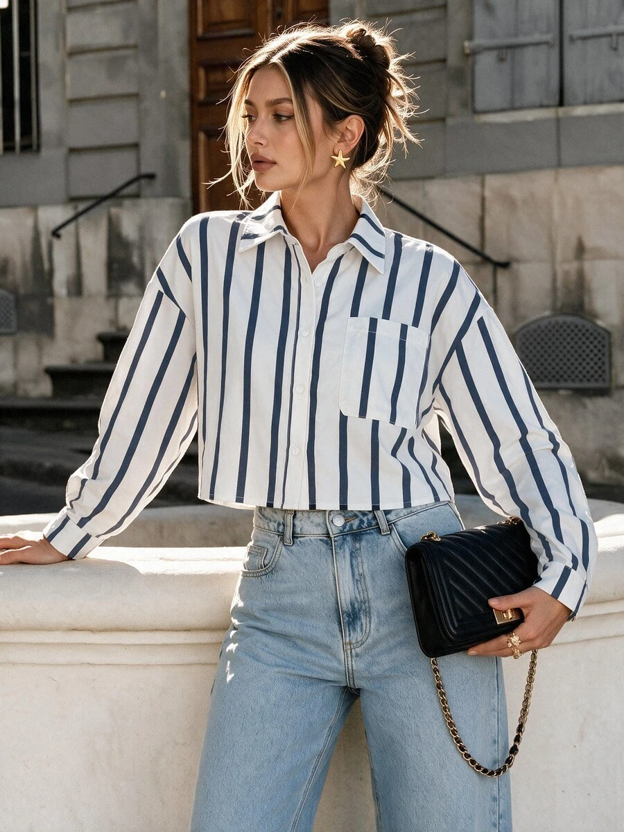 SHEIN 女款直條紋圖案時尚休閒長袖襯衫 - 藍白色 - 查看 1