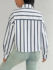 SHEIN 女款直條紋圖案時尚休閒長袖襯衫 - 藍白色 - 查看 5