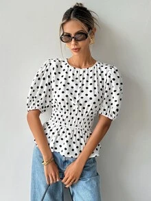 Ritzy Row 女款黑白波點印花泡泡袖襯衫，舒適時尚，適合通勤與外出，春夏早午餐法式復古風 - 黑與白 - 查看 8