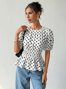 Ritzy Row 女款黑白波點印花泡泡袖襯衫，舒適時尚，適合通勤與外出，春夏早午餐法式復古風 - 黑與白 - 查看 11