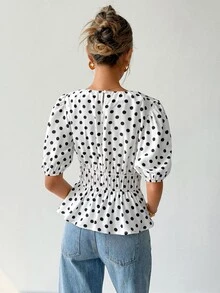 Ritzy Row 女款黑白波點印花泡泡袖襯衫，舒適時尚，適合通勤與外出，春夏早午餐法式復古風 - 黑與白 - 查看 5