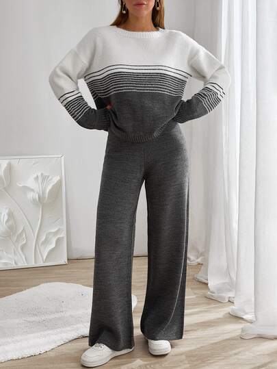 SHEIN Women Round Neck Loose Fit White Grey Knit Sweater Pant 2pcs Set Co-Ords Lounge Autumn Winter Casual Minimalist Everyday Travel Homewear