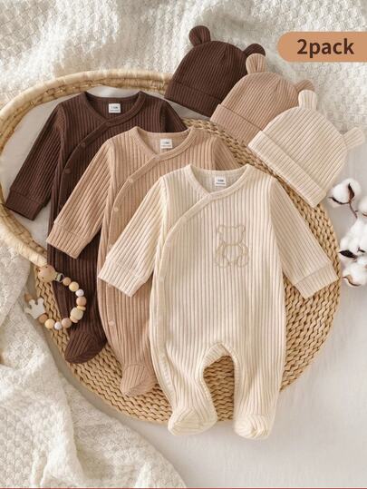 2pcs Newborn Long Sleeve Footed Romper, Knitted Comfortable Soft Cute Bear Embroidery Pattern Loungewear, Best Gift For Newborn, Home Wear, Versatile Fashion, Best Choice