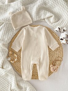 2件裝新生兒長袖連身包屁衣，針織柔軟可愛熊刺繡圖案居家服，居家穿著家庭套裝，米色秋季中性款 - 杏色 - 查看 4