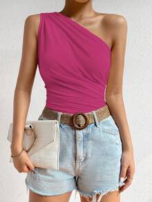 SHEIN Women's Solid Color Ruched Sleeveless Top - Rose Red - View 9
