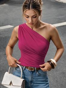 SHEIN Women's Solid Color Ruched Sleeveless Top - Rose Red - View 2