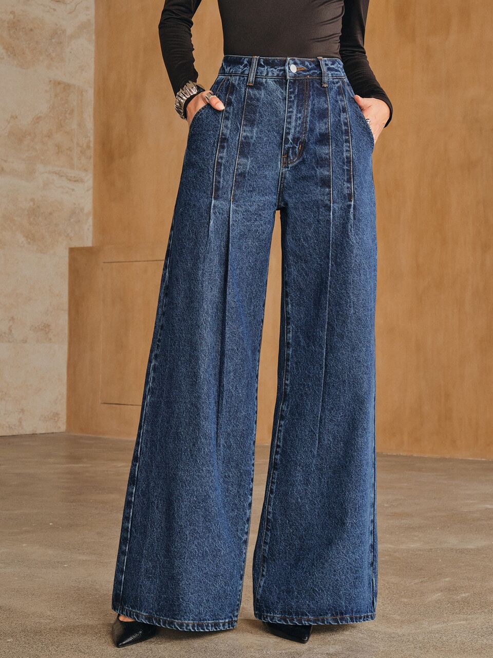 Anewsta Women's New Fashion Casual Design Patchwork Blue Straight Leg Pants