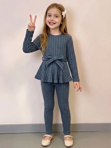 Elladie kids 青少年女孩羅紋針織純色灰藍色荷葉邊上衣與內搭褲2件套 優雅長袖繫腰蝴蝶結套裝 秋冬服飾 - 藍色 - 查看 1