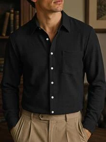 HIMLAND Men's Casual Simple All-Match Versatile Solid Color Long Sleeve Shirt Vacation Holiday Black Autumn - Black - View 6
