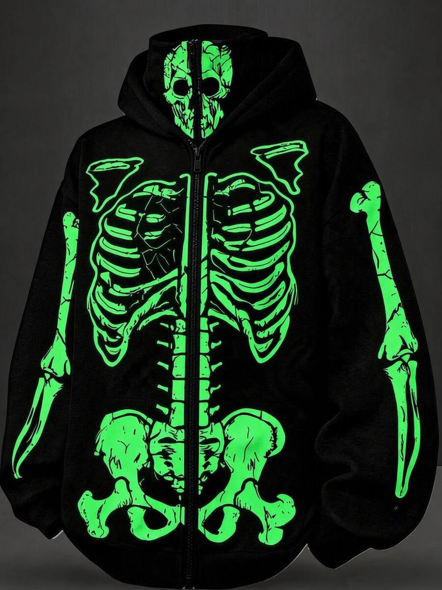 SHEIN Teen Boys' Black Oversized Streetwear Techno Sweatshirt,Double-Layer Collar Collegiate StyleWinter,Back-To-School Halloween Day Of The Dead Rave Party - Black - View 1