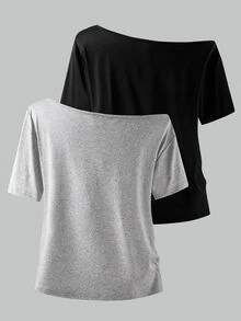 SHEIN 青少年女孩 2件組 素色不對稱肩短袖T恤，適合夏季、度假、旅行、休閒穿搭，舒適 - 彩色 - 查看 3