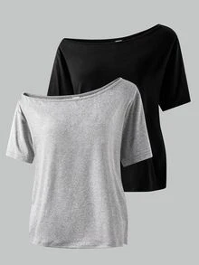 SHEIN 青少年女孩 2件組 素色不對稱肩短袖T恤，適合夏季、度假、旅行、休閒穿搭，舒適 - 彩色 - 查看 4