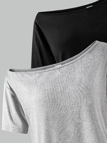 SHEIN 青少年女孩 2件組 素色不對稱肩短袖T恤，適合夏季、度假、旅行、休閒穿搭，舒適 - 彩色 - 查看 7