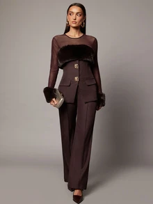 Silquee Women's Patchwork Faux Fur Mesh Long Sleeve Metal Single-Breasted Jacket And Pants Elegant Suit Set - Brown - View 2