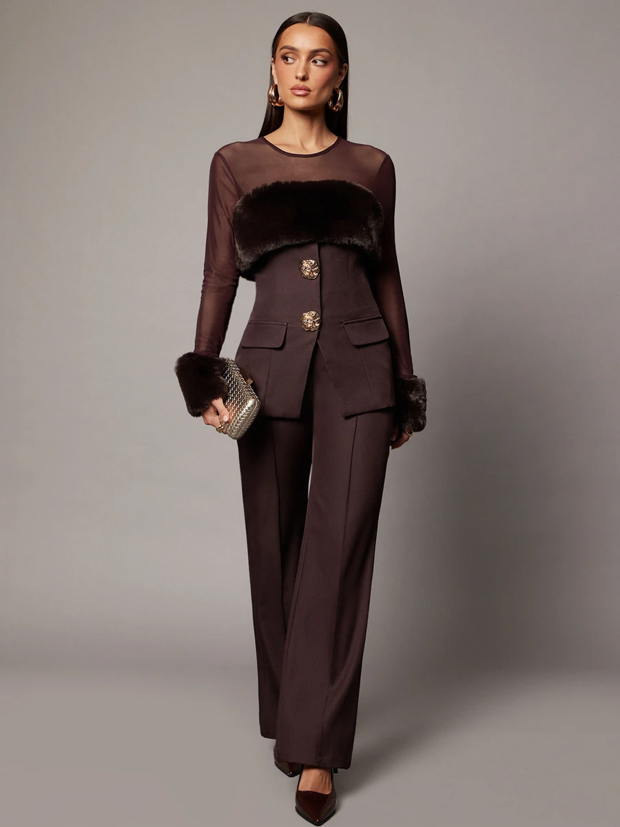 Silquee Women's Patchwork Faux Fur Mesh Long Sleeve Metal Single-Breasted Jacket And Pants Elegant Suit Set