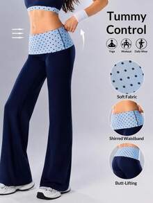 VARSIVA Women's Casual Comfortable Polka Dot Decor Waist Color Block Sports Long Pants - Navy Blue - View 1